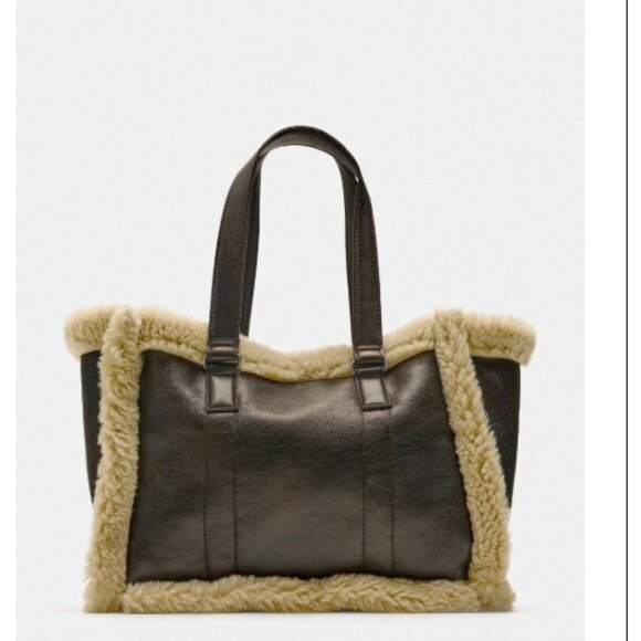 ZARA Fleece Tote Bag Brown Shearling - Picture 2 of 7